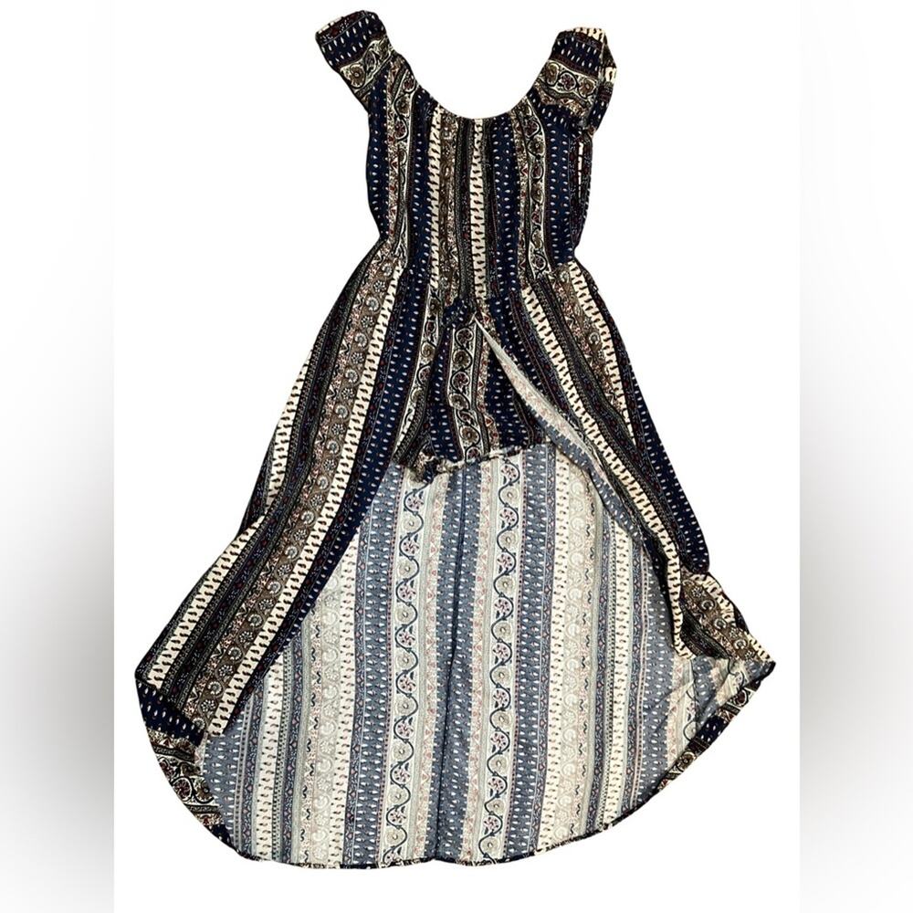 Ambiance (L) Blue Cream Striped Asymmetrical High-Low Sundress
